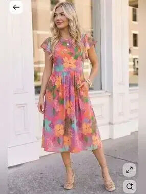 Head Turning Blooms Flutter Sleeve Midi Dress